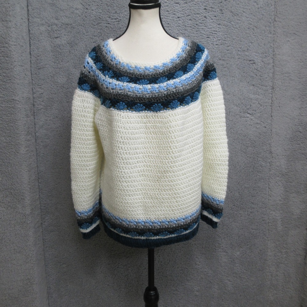 Handmade Crochet Boho Sweater Womens Large Pullover Nordic Stripe‎ Cozy Jumper